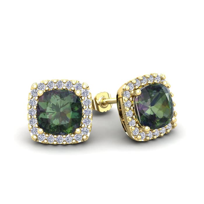 2 1/2 Carat Cushion Cut Mystic Topaz and Halo Diamond Stud Earrings In 14 Karat Yellow Gold