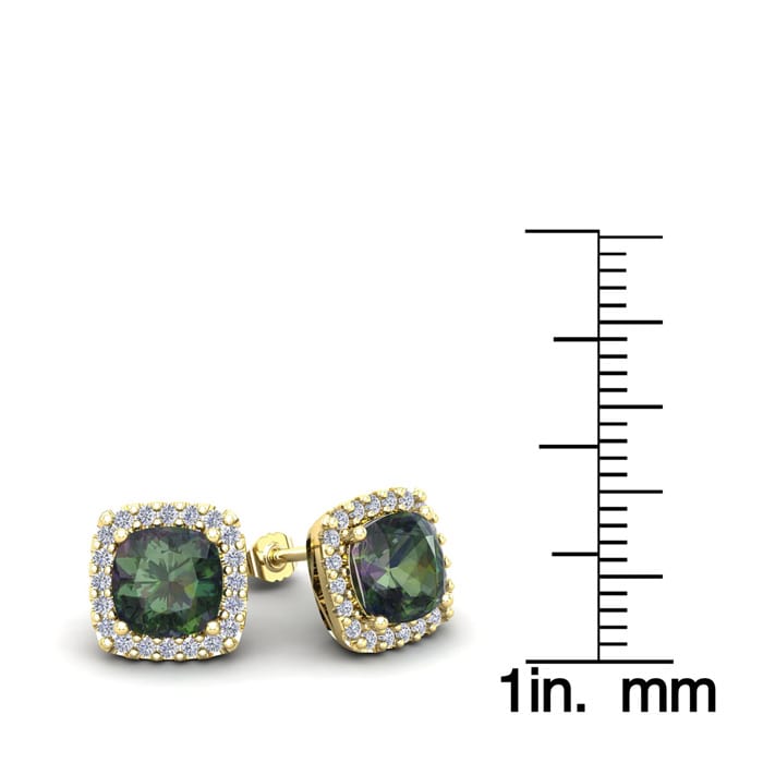 2 1/2 Carat Cushion Cut Mystic Topaz and Halo Diamond Stud Earrings In 14 Karat Yellow Gold