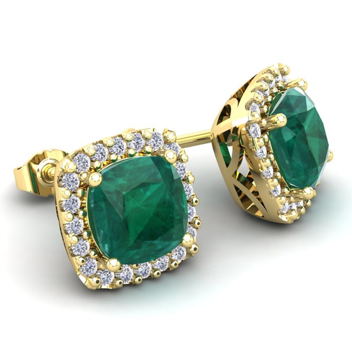 2 1/2 Carat Cushion Cut Emerald and Halo Diamond Stud Earrings In 14 Karat Yellow Gold
