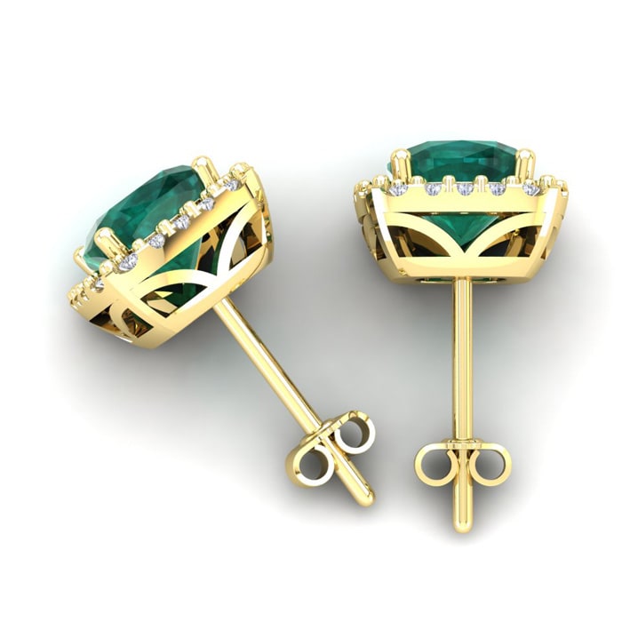 2 1/2 Carat Cushion Cut Emerald and Halo Diamond Stud Earrings In 14 Karat Yellow Gold