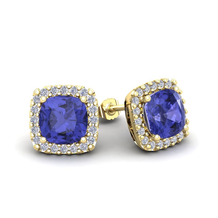 2 1/4 Carat Cushion Cut Tanzanite and Halo Diamond Stud Earrings In 14 Karat Yellow Gold