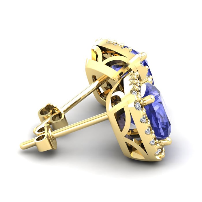 2 1/4 Carat Cushion Cut Tanzanite and Halo Diamond Stud Earrings In 14 Karat Yellow Gold