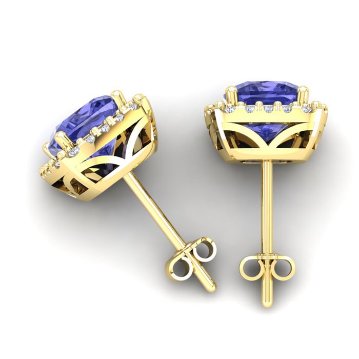 2 1/4 Carat Cushion Cut Tanzanite and Halo Diamond Stud Earrings In 14 Karat Yellow Gold