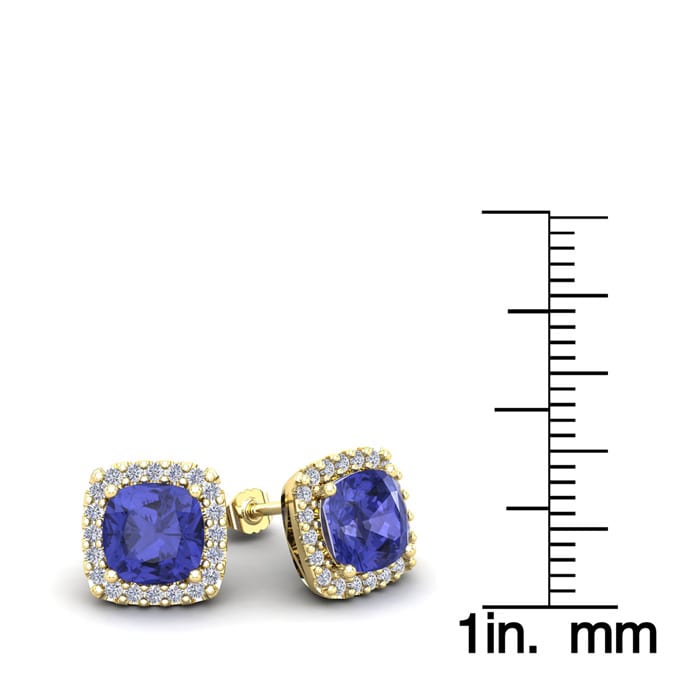 2 1/4 Carat Cushion Cut Tanzanite and Halo Diamond Stud Earrings In 14 Karat Yellow Gold