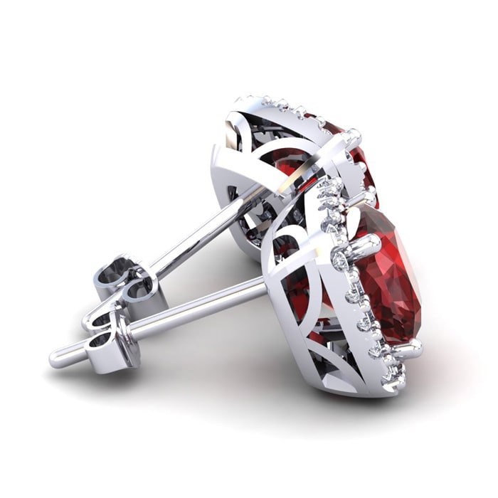 Garnet Earrings: Garnet Jewelry: 2 1/2 Carat Cushion Cut Garnet and Halo Diamond Stud Earrings In 14 Karat White Gold