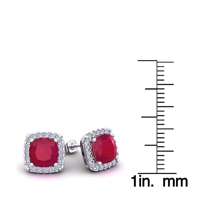 3 Carat Cushion Cut Ruby and Halo Diamond Stud Earrings In 14 Karat White Gold