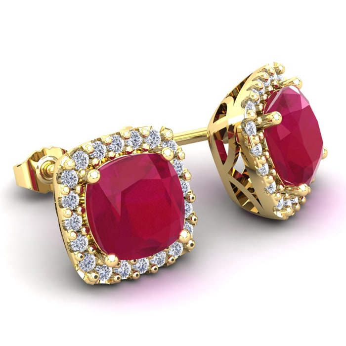 3 Carat Cushion Cut Ruby and Halo Diamond Stud Earrings In 14 Karat Yellow Gold