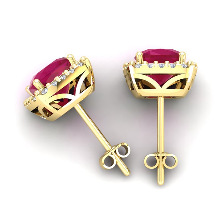 3 Carat Cushion Cut Ruby and Halo Diamond Stud Earrings In 14 Karat Yellow Gold