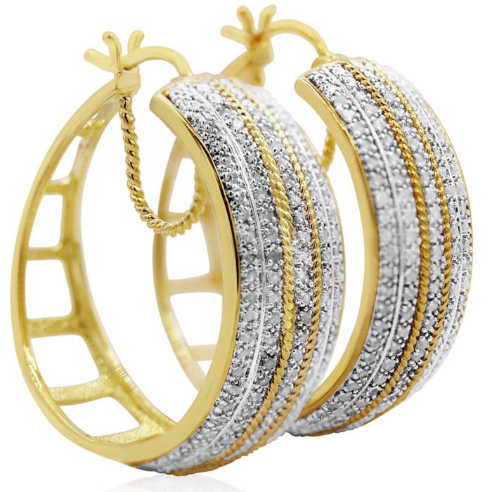 Large 2 Carat Five Row Natural Diamond Hoop Earrings, 1 1/2 Inches