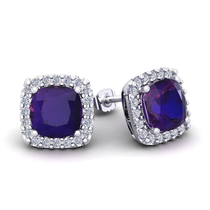 3 1/2 Carat Cushion Cut Amethyst and Halo Diamond Stud Earrings In 14 Karat White Gold