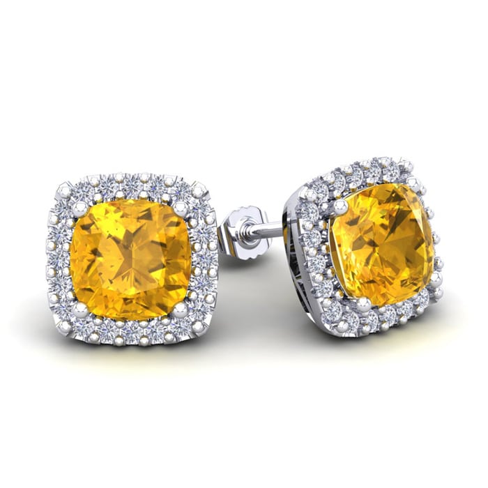 3 1/2 Carat Cushion Cut Citrine and Halo Diamond Stud Earrings In 14 Karat White Gold
