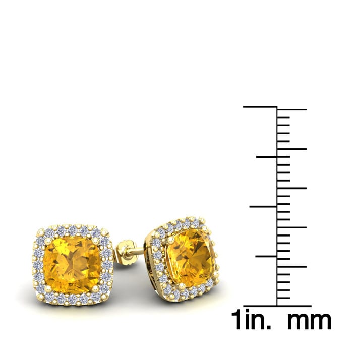3 1/2 Carat Cushion Cut Citrine and Halo Diamond Stud Earrings In 14 Karat Yellow Gold