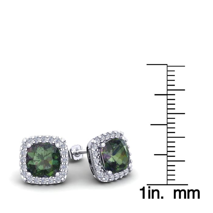 4 Carat Cushion Cut Mystic Topaz and Halo Diamond Stud Earrings In 14 Karat White Gold