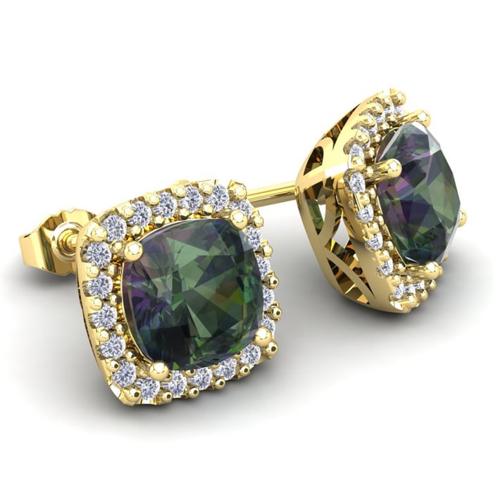 4 Carat Cushion Cut Mystic Topaz and Halo Diamond Stud Earrings In 14 Karat Yellow Gold
