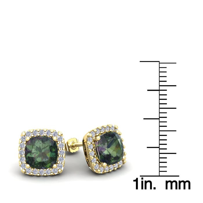 4 Carat Cushion Cut Mystic Topaz and Halo Diamond Stud Earrings In 14 Karat Yellow Gold