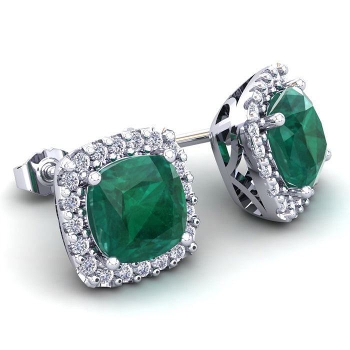 3 1/2 Carat Cushion Cut Emerald and Halo Diamond Stud Earrings In 14 Karat White Gold