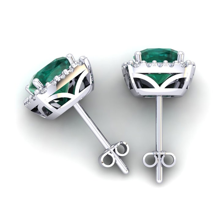 3 1/2 Carat Cushion Cut Emerald and Halo Diamond Stud Earrings In 14 Karat White Gold