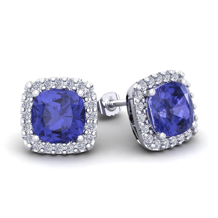 3 1/2 Carat Cushion Cut Tanzanite and Halo Diamond Stud Earrings In 14 Karat White Gold