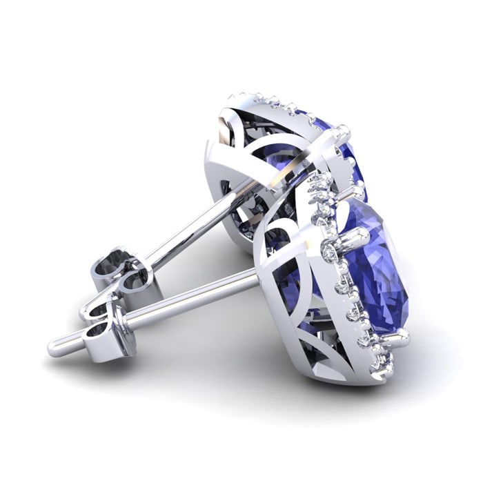 3 1/2 Carat Cushion Cut Tanzanite and Halo Diamond Stud Earrings In 14 Karat White Gold