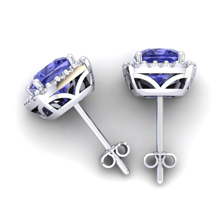 3 1/2 Carat Cushion Cut Tanzanite and Halo Diamond Stud Earrings In 14 Karat White Gold