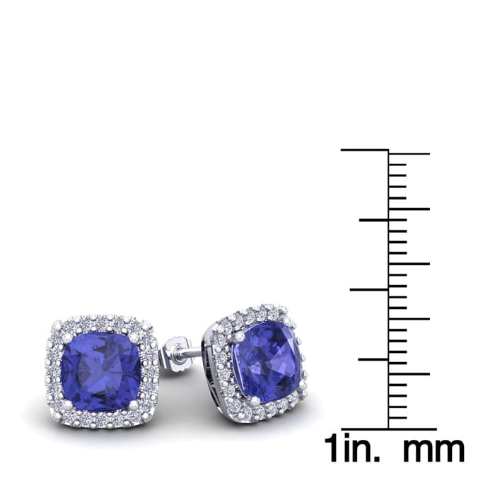 3 1/2 Carat Cushion Cut Tanzanite and Halo Diamond Stud Earrings In 14 Karat White Gold