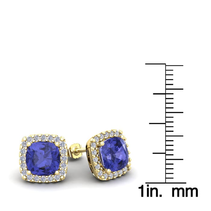 3 1/2 Carat Cushion Cut Tanzanite and Halo Diamond Stud Earrings In 14 Karat White Gold