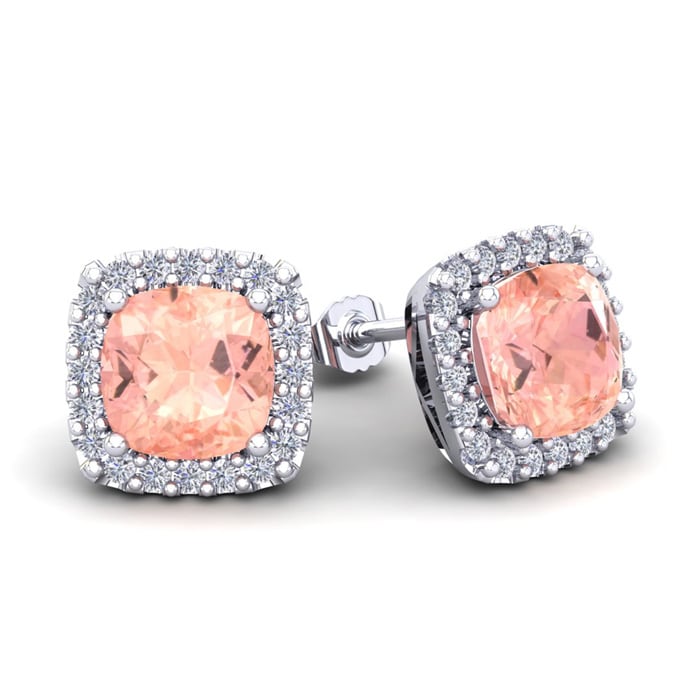 3-1/2 Carat Cushion Shape Morganite Earrings and Diamond Halo In 14 Karat White Gold