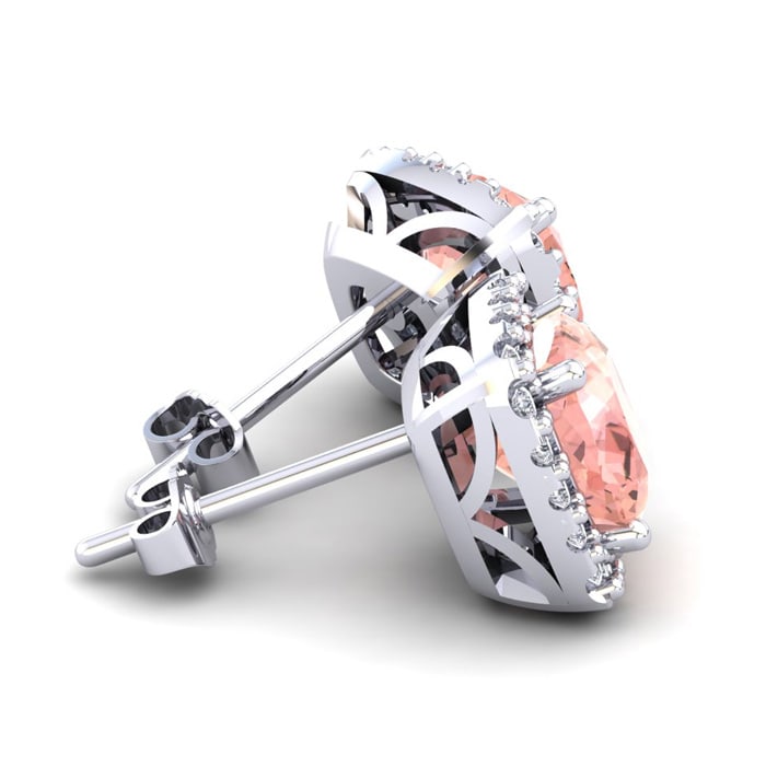 3-1/2 Carat Cushion Shape Morganite Earrings and Diamond Halo In 14 Karat White Gold