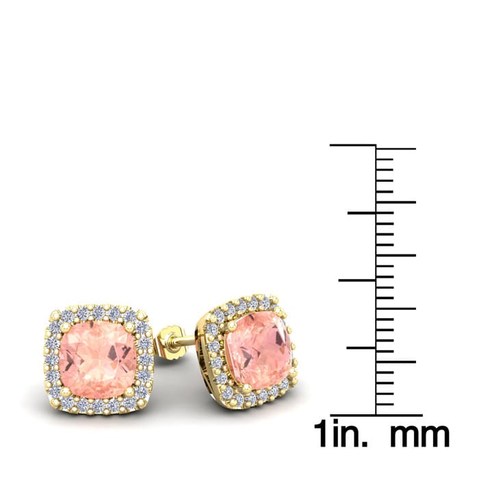 3-1/2 Carat Cushion Shape Morganite Earrings and Diamond Halo In 14 Karat Yellow Gold