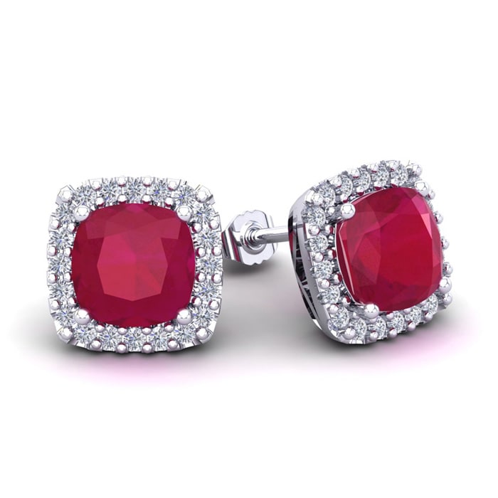 4 Carat Cushion Cut Ruby and Halo Diamond Stud Earrings In 14 Karat White Gold