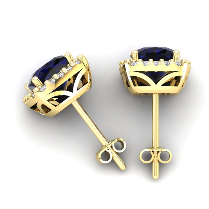 4 Carat Cushion Cut Sapphire and Halo Diamond Stud Earrings In 14 Karat Yellow Gold