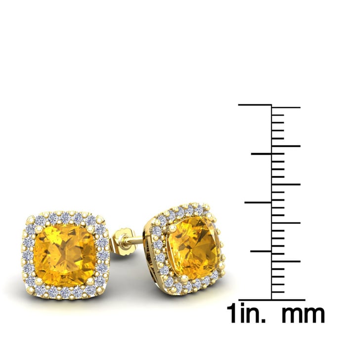 4 3/4 Carat Cushion Cut Citrine and Halo Diamond Stud Earrings In 14 Karat Yellow Gold