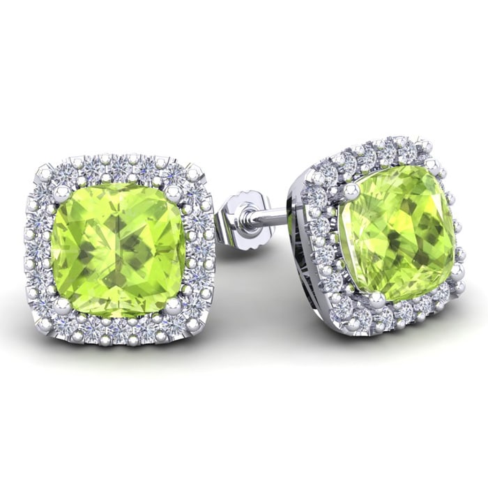 5 3/4 Carat Cushion Cut Peridot and Halo Diamond Stud Earrings In 14 Karat White Gold