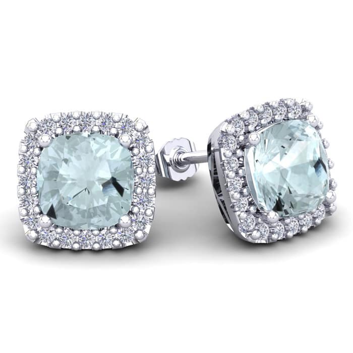 Aquamarine Earrings: Aquamarine Jewelry: 4 3/4 Carat Cushion Cut Aquamarine and Halo Diamond Stud Earrings In 14 Karat White Gold