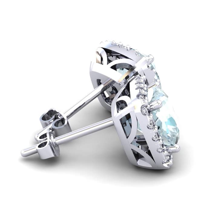 Aquamarine Earrings: Aquamarine Jewelry: 4 3/4 Carat Cushion Cut Aquamarine and Halo Diamond Stud Earrings In 14 Karat White Gold