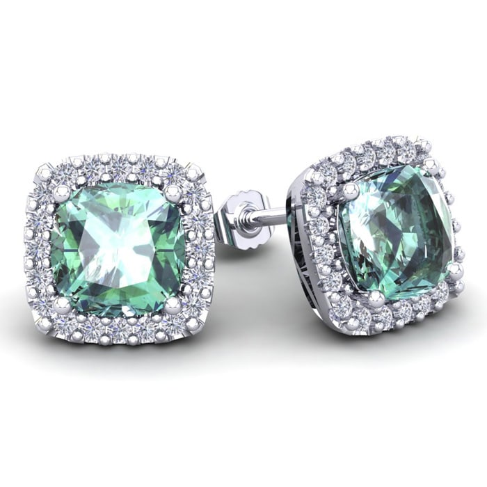 4 3/4 Carat Cushion Cut Green Amethyst and Halo Diamond Stud Earrings In 14 Karat White Gold