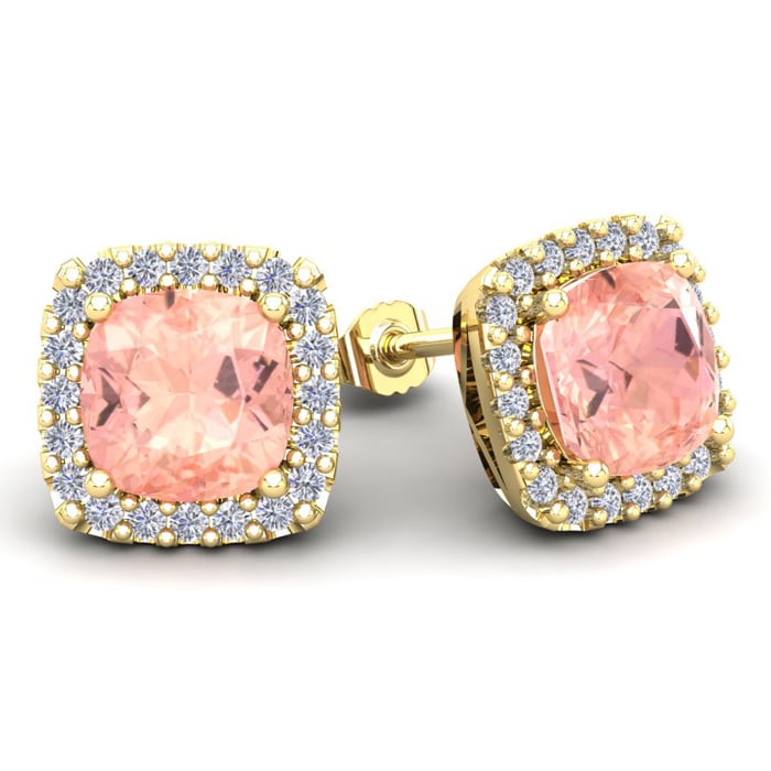 6-3/4 Carat Cushion Shape Morganite Earrings and Diamond Halo In 14 Karat Yellow Gold