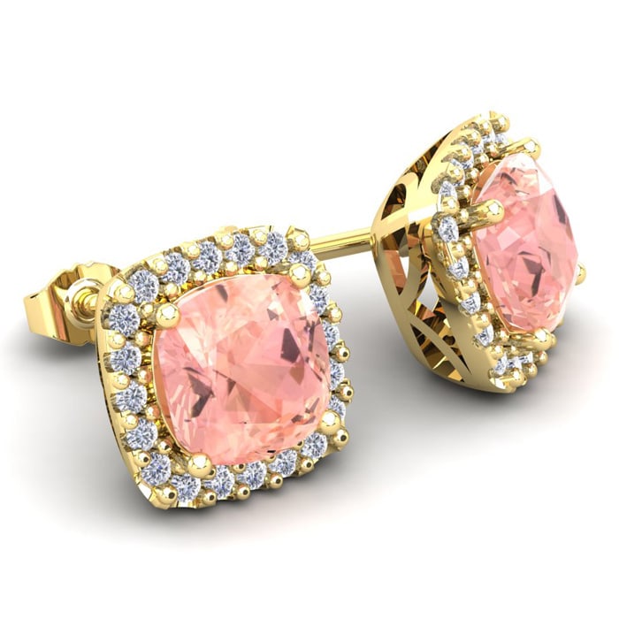 6-3/4 Carat Cushion Shape Morganite Earrings and Diamond Halo In 14 Karat Yellow Gold