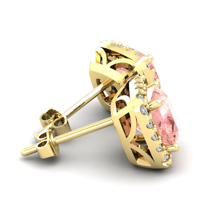 6-3/4 Carat Cushion Shape Morganite Earrings and Diamond Halo In 14 Karat Yellow Gold