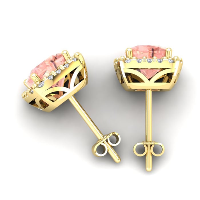 6-3/4 Carat Cushion Shape Morganite Earrings and Diamond Halo In 14 Karat Yellow Gold