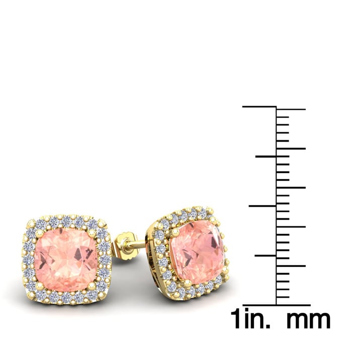 6-3/4 Carat Cushion Shape Morganite Earrings and Diamond Halo In 14 Karat Yellow Gold