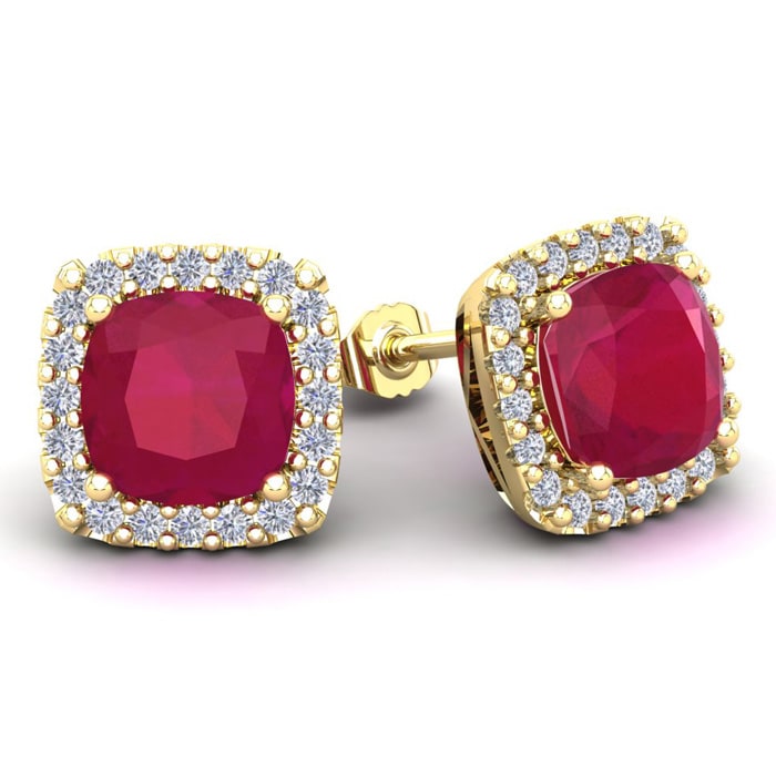 6 3/4 Carat Cushion Cut Ruby and Halo Diamond Stud Earrings In 14 Karat Yellow Gold
