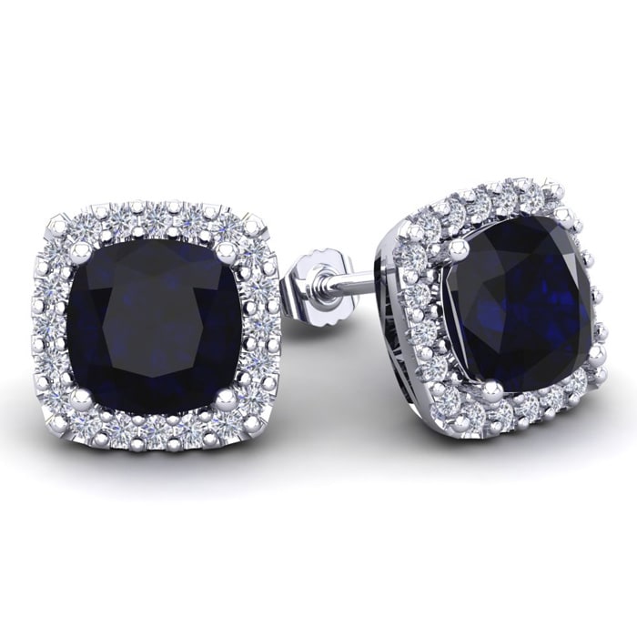 6 3/4 Carat Cushion Cut Sapphire and Halo Diamond Stud Earrings In 14 Karat White Gold