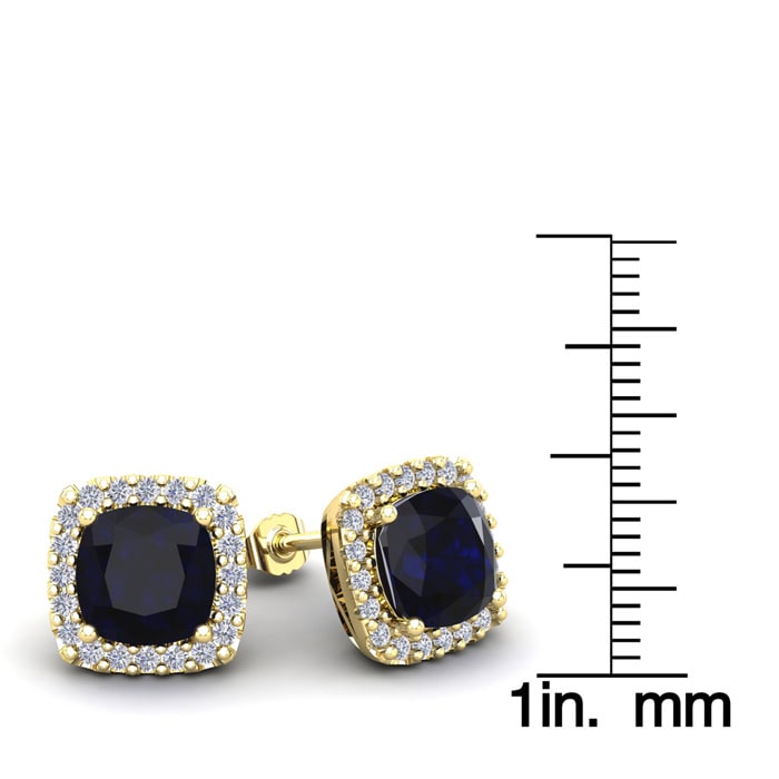6 3/4 Carat Cushion Cut Sapphire and Halo Diamond Stud Earrings In 14 Karat Yellow Gold