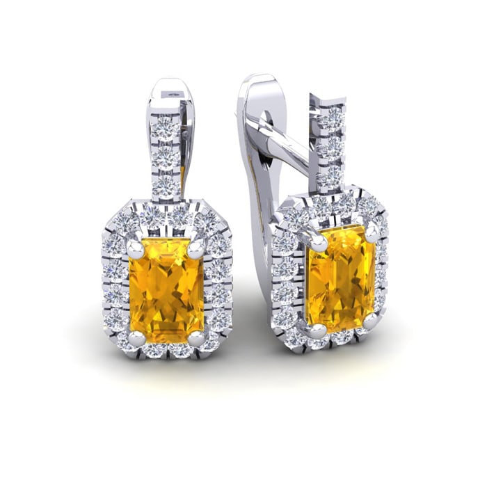 1 1/2 Carat Citrine and Halo Diamond Dangle Earrings In 14 Karat White Gold