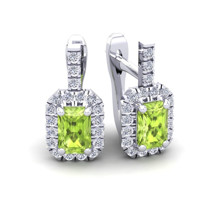 1 3/4 Carat Peridot and Halo Diamond Dangle Earrings In 14 Karat White Gold