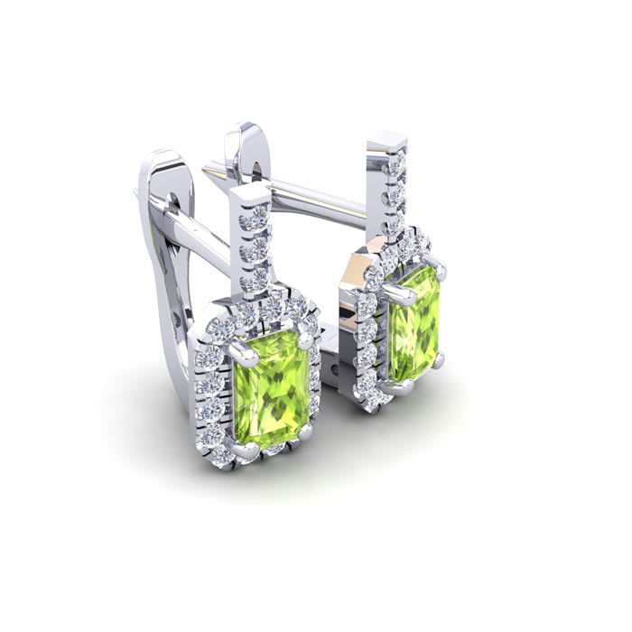 1 3/4 Carat Peridot and Halo Diamond Dangle Earrings In 14 Karat White Gold