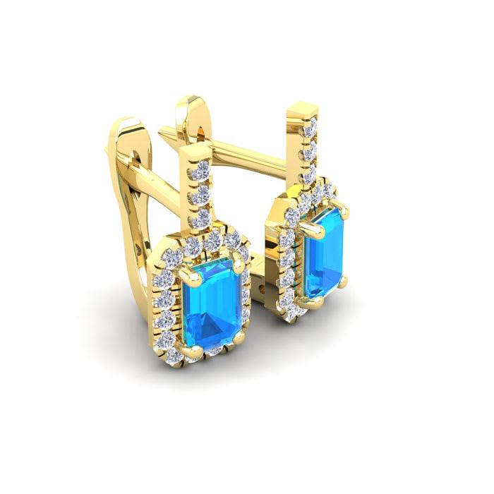 1 3/4 Carat Blue Topaz and Halo Diamond Dangle Earrings In 14 Karat Yellow Gold