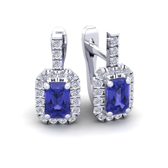 1 3/4 Carat Tanzanite and Halo Diamond Dangle Earrings In 14 Karat White Gold