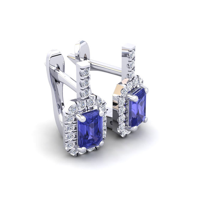 1 3/4 Carat Tanzanite and Halo Diamond Dangle Earrings In 14 Karat White Gold